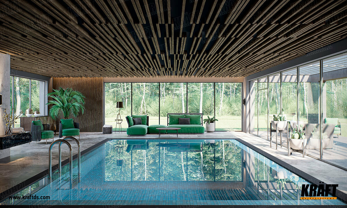 Дизайнерский подвесной потолок из кубообразной рейки KRAFT с текстурой дерева Antique в интерьере бассейна в частном доме